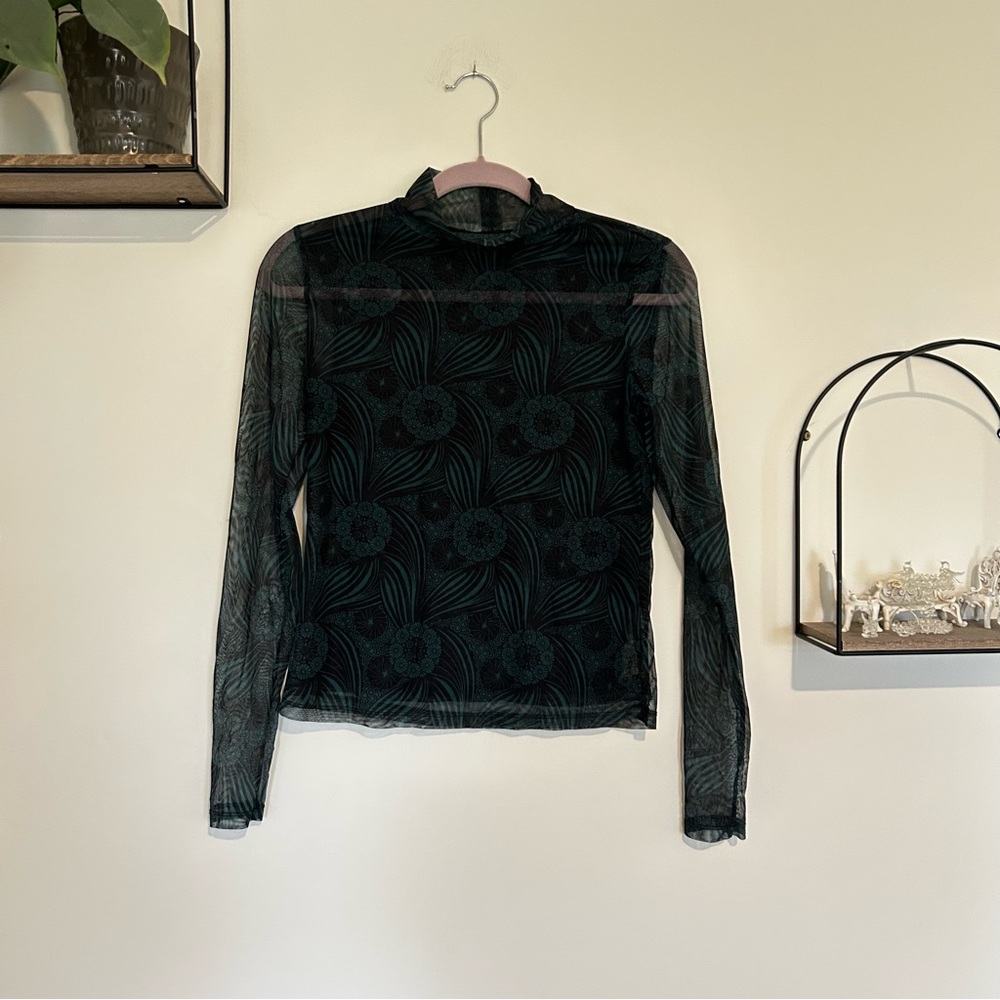 Anthropologie Gauzy Semi Sheer Green Floral Turtleneck Long Sleeve Shirt XS
